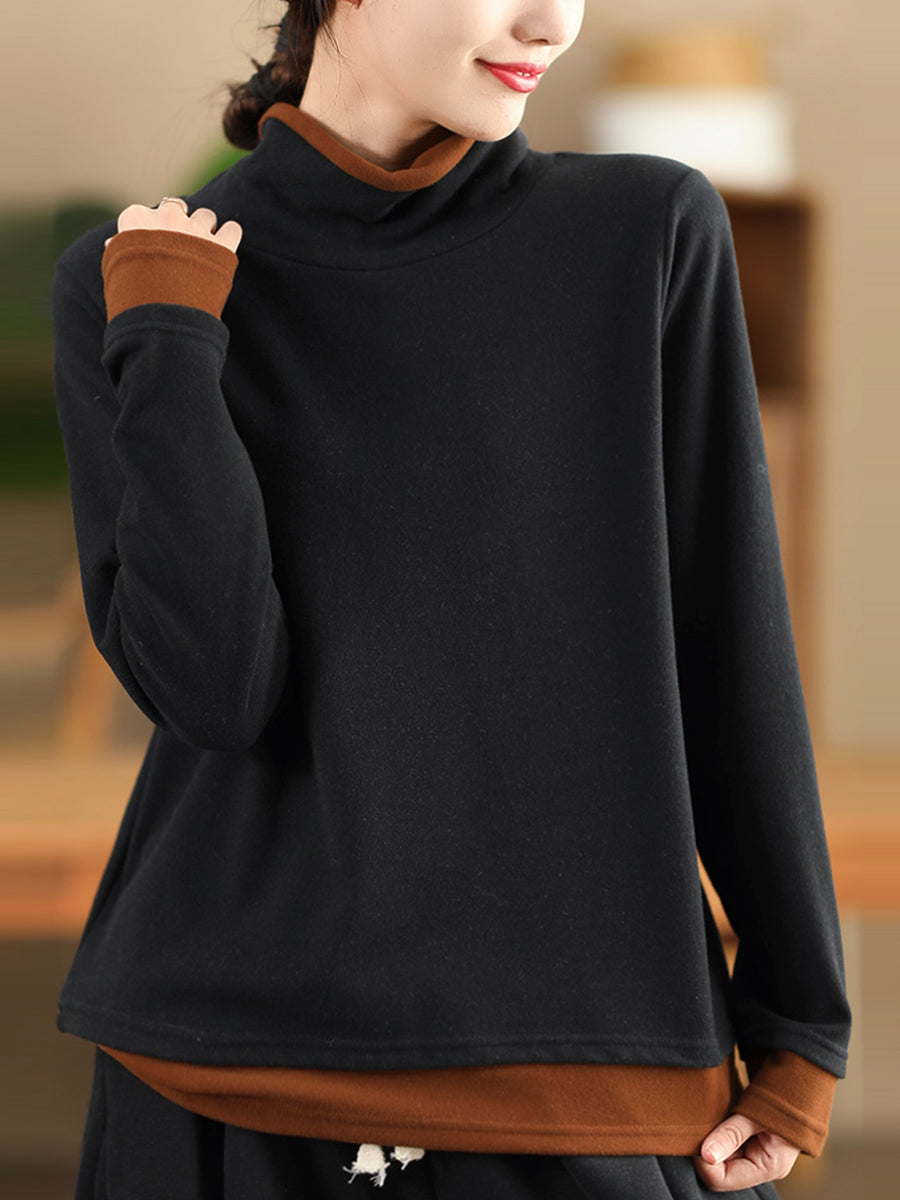 Women Casual Autumn Warm Colorblock Turtleneck Sweatshirt WG010