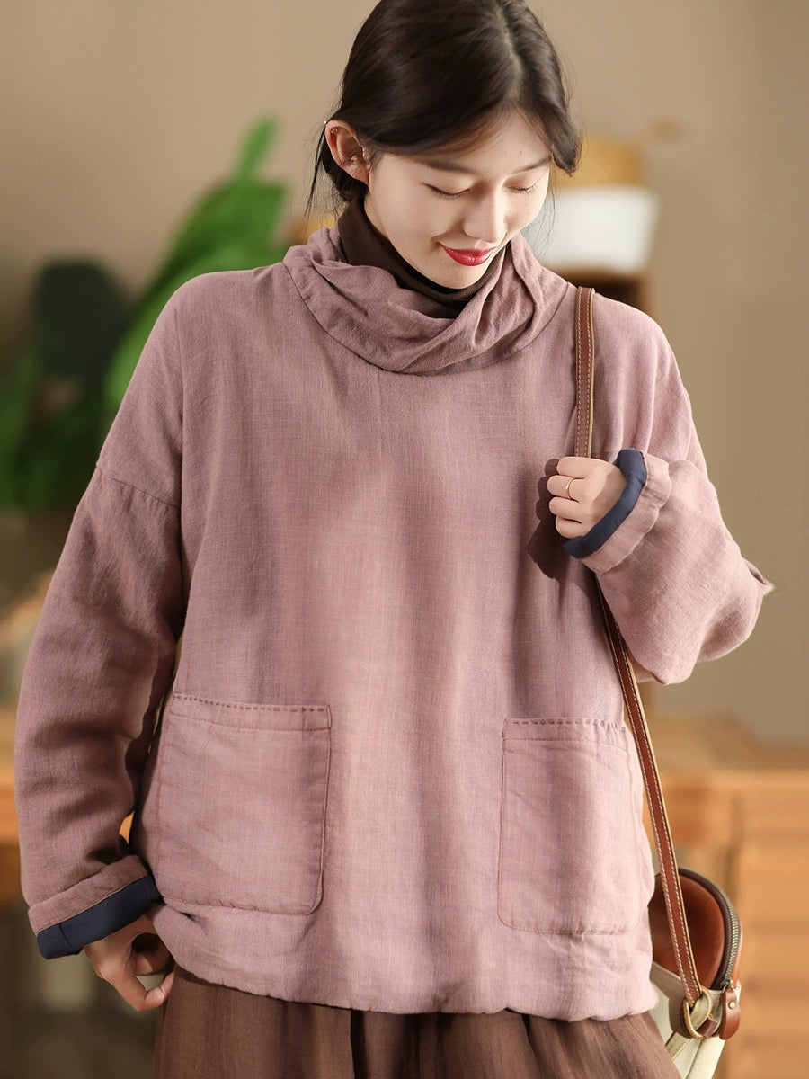 Women Autumn Vintage Turtleneck Solid Linen Padded Coat WG012