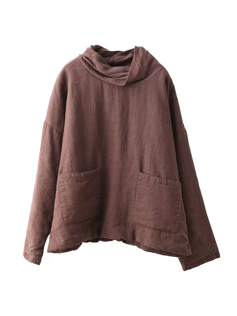 Women Autumn Vintage Turtleneck Solid Linen Padded Coat WG012