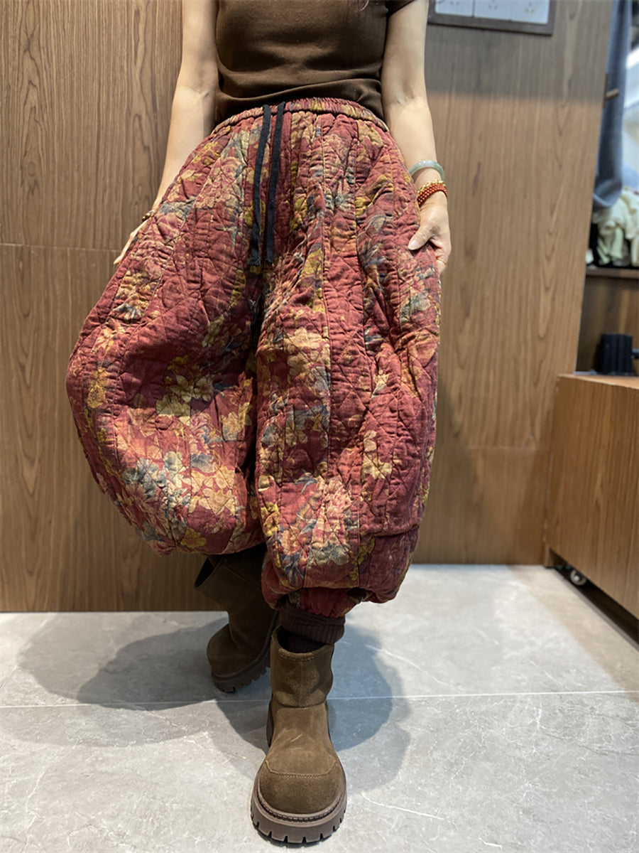 Women Winter Retro Flower Cotton Padded Harem Pants QN002