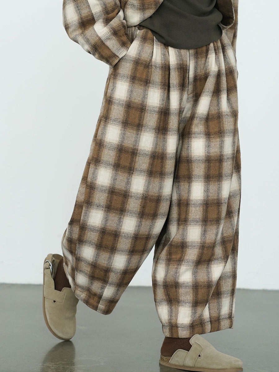 Women Winter Casual Plaid Cotton Thick Wide-leg Pants QM027