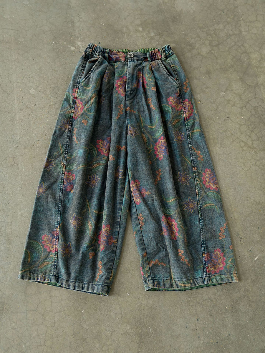 Women Winter Retro Flower Denim Spliced Wide-leg Pants QM014