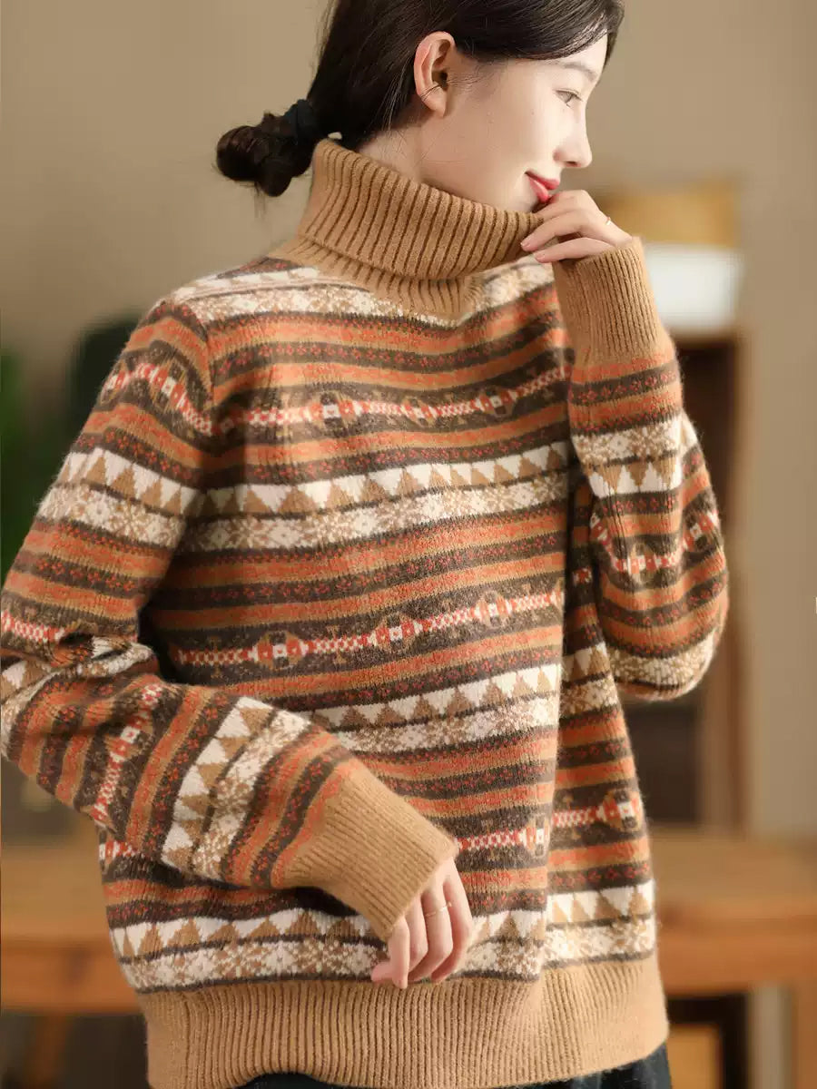 Women Autumn Casual Knit Turtleneck Stripe Sweater Coat WU012