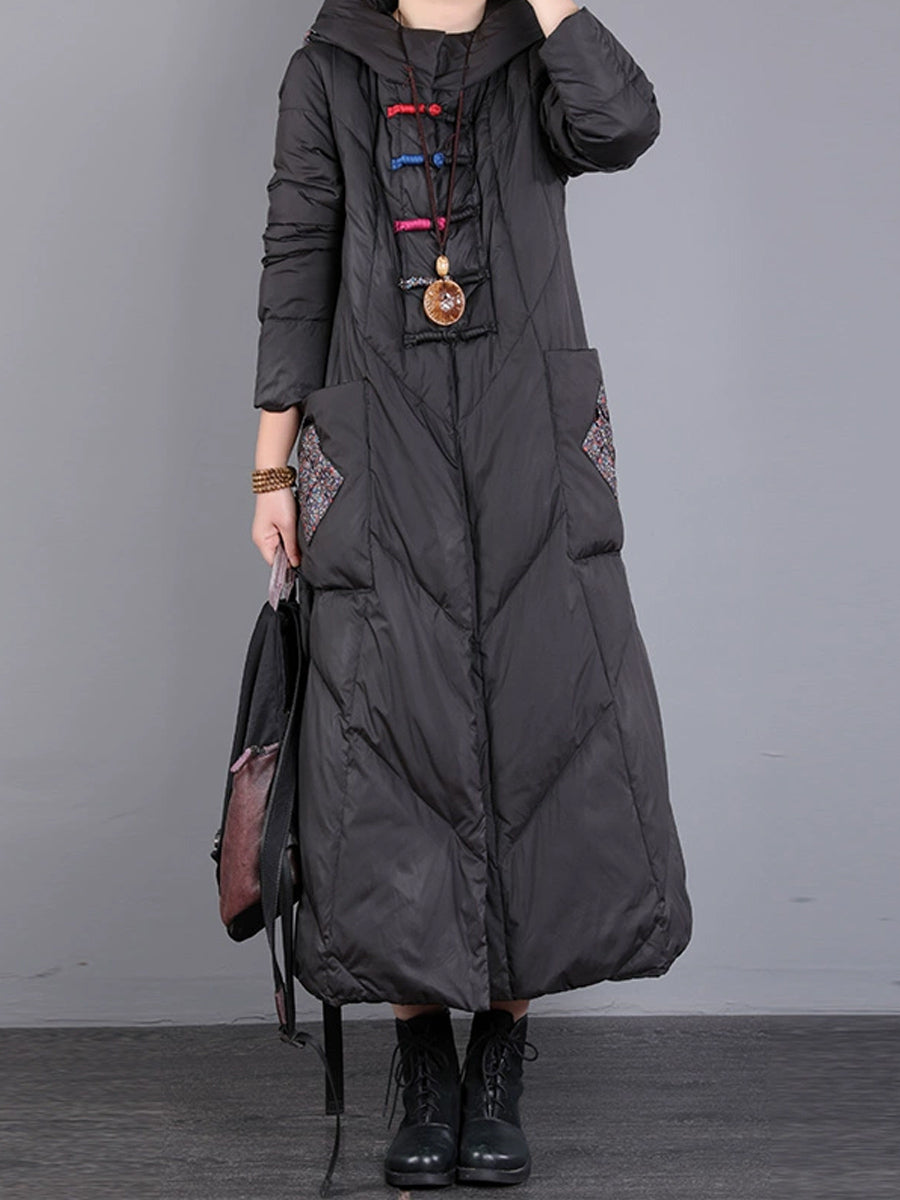 Women Winter Vintage Patch Hooded Long Down Coat WU028