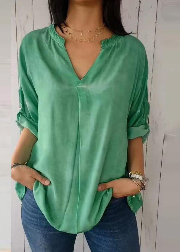 Neck V Sleeve Shirt Green Short 2025 Solid