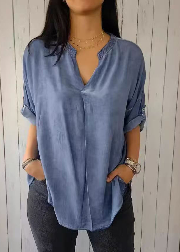 Neck V Sleeve Shirt Green Short 2025 Solid