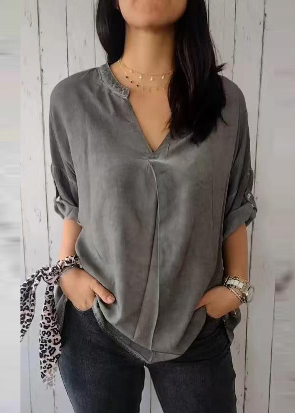 Neck V Sleeve Shirt Green Short 2025 Solid