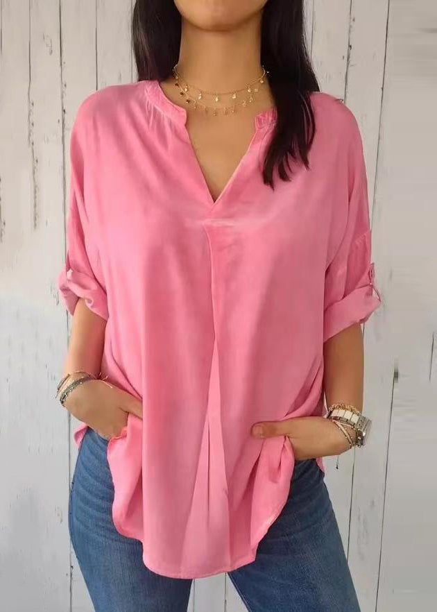 Neck V Sleeve Shirt Green Short 2025 Solid