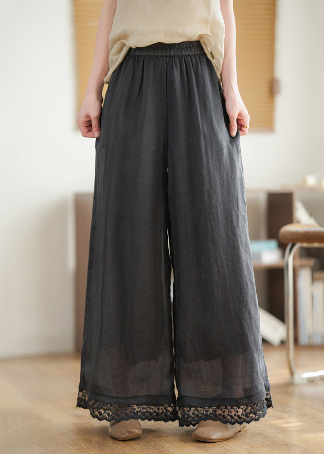 Wide New Lace Black 2025 Patchwork Pants Waist Leg Linen Elastic