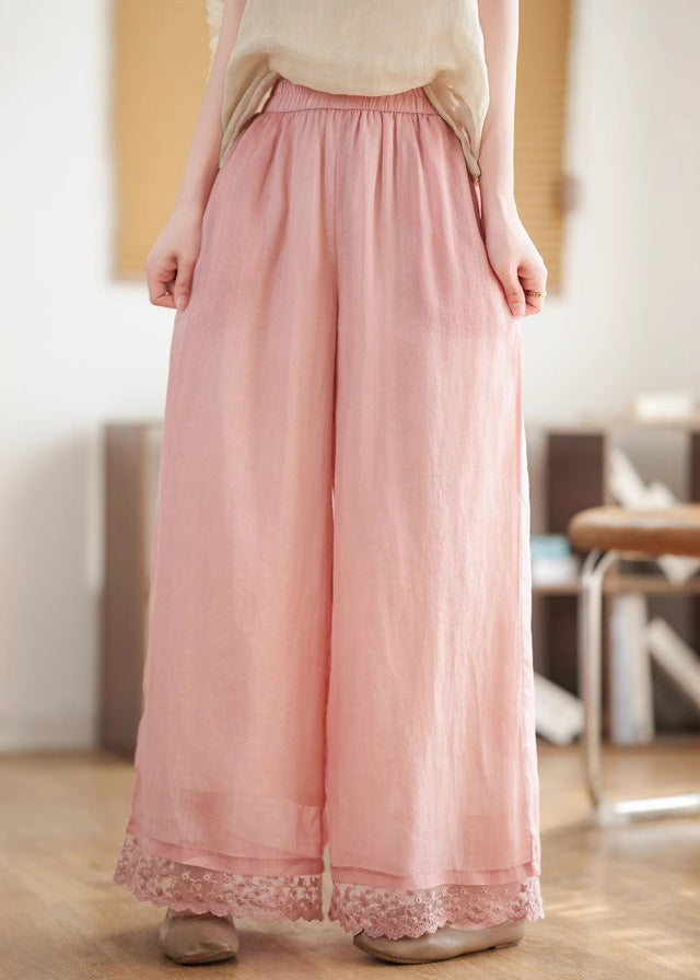 Wide New Lace Black 2025 Patchwork Pants Waist Leg Linen Elastic