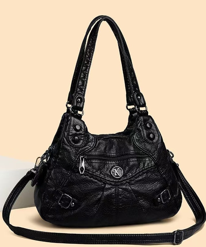 2025 Shoulder Faux New Bag Capacity Black Leather Large