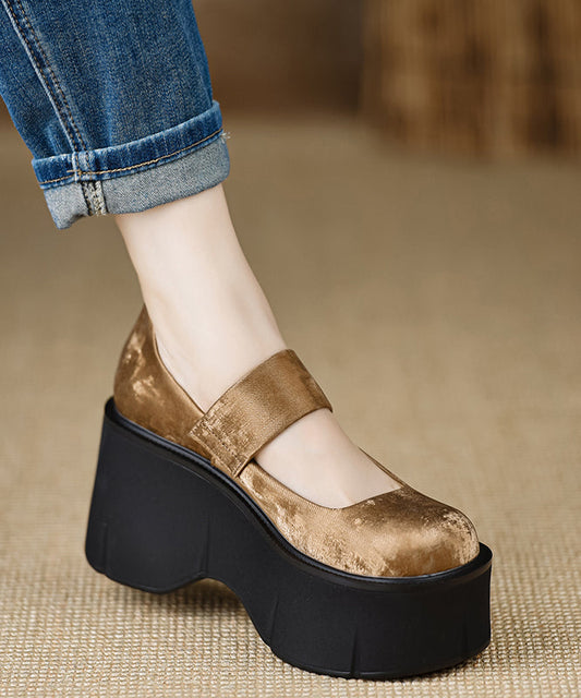 Satin Strap Heels Brown 2025 New Wedge High Splicing Buckle