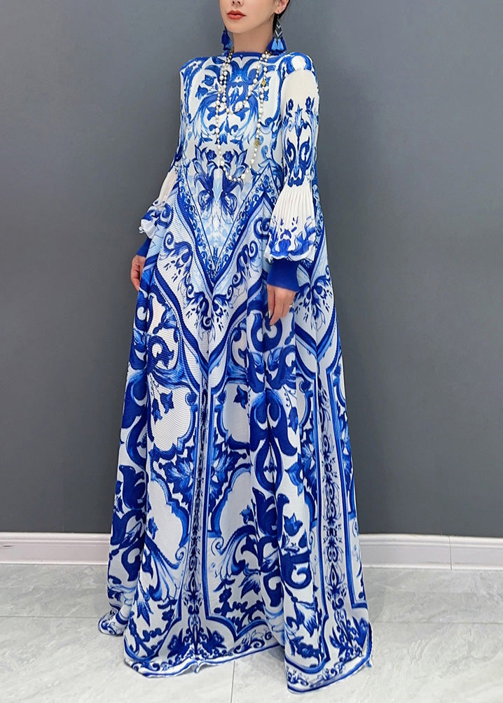 Chiffon And White Blue Print Pleated Summer Porcelain New 2025