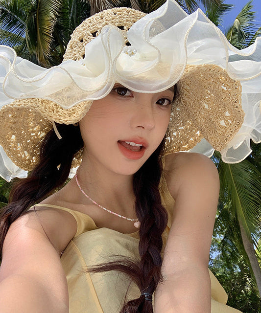 Sun Summer New Large Brimmed Bead Hat 2025 Organza Nail