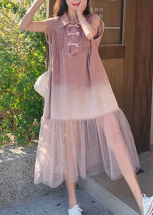 2025 Tulle Gradient Shirt Pink Splicing Denim Skirt Retro Summer