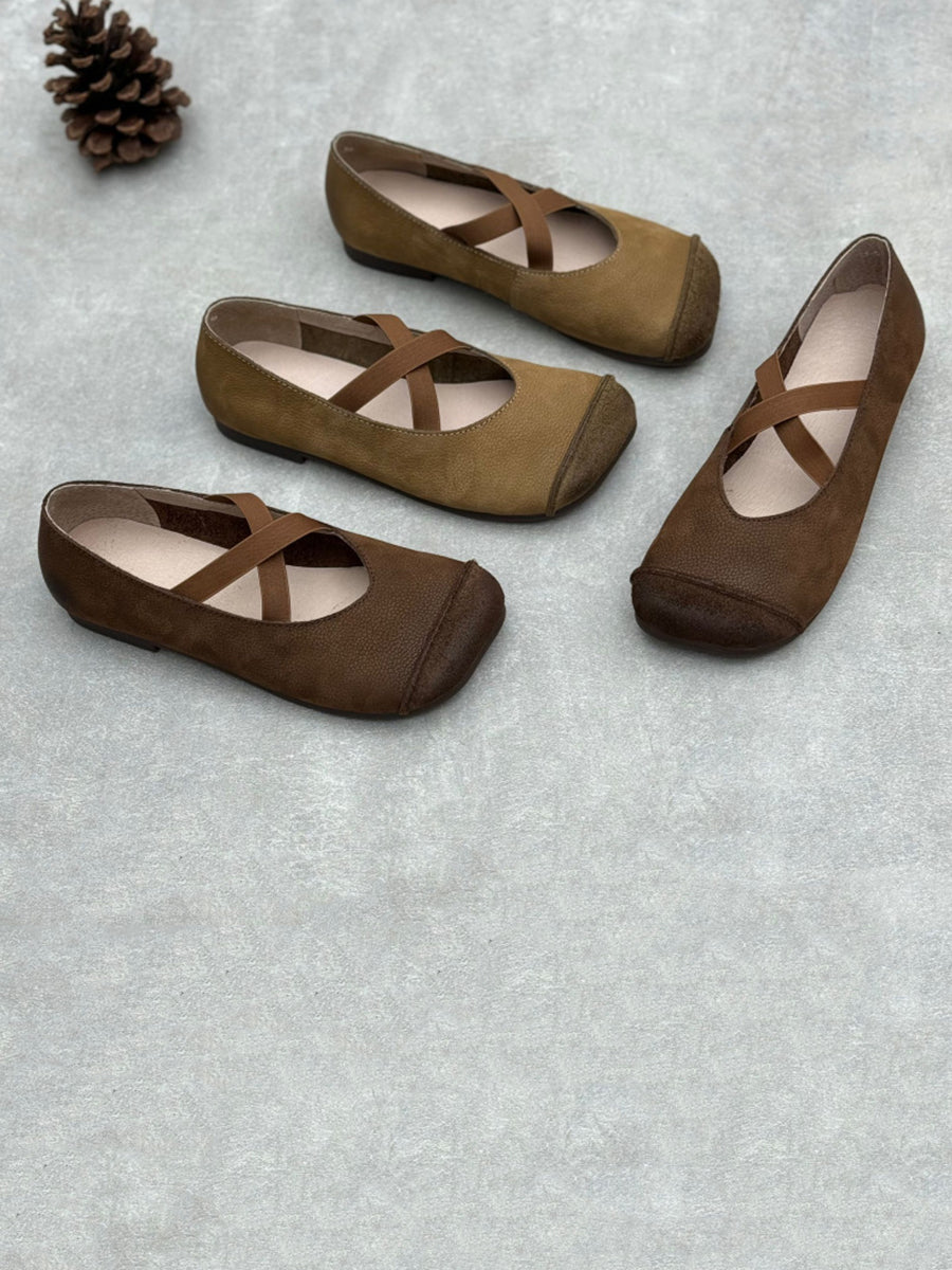 Soft Low Women Heel Shoes Leather Spliced Vintage