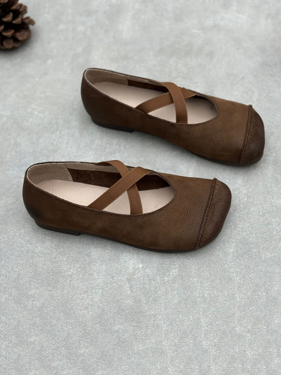 Soft Low Women Heel Shoes Leather Spliced Vintage