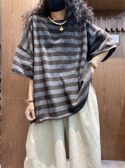 Summer Plus Shirt size O-Neck Colorblock Stripe Women