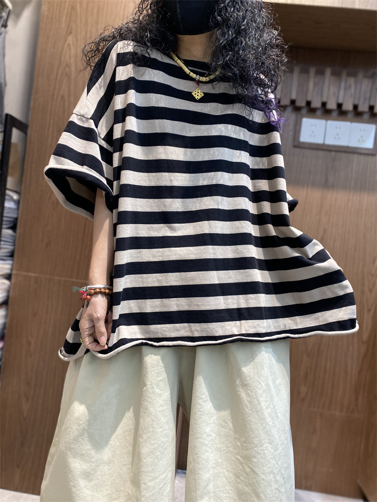 Summer Plus Shirt size O-Neck Colorblock Stripe Women