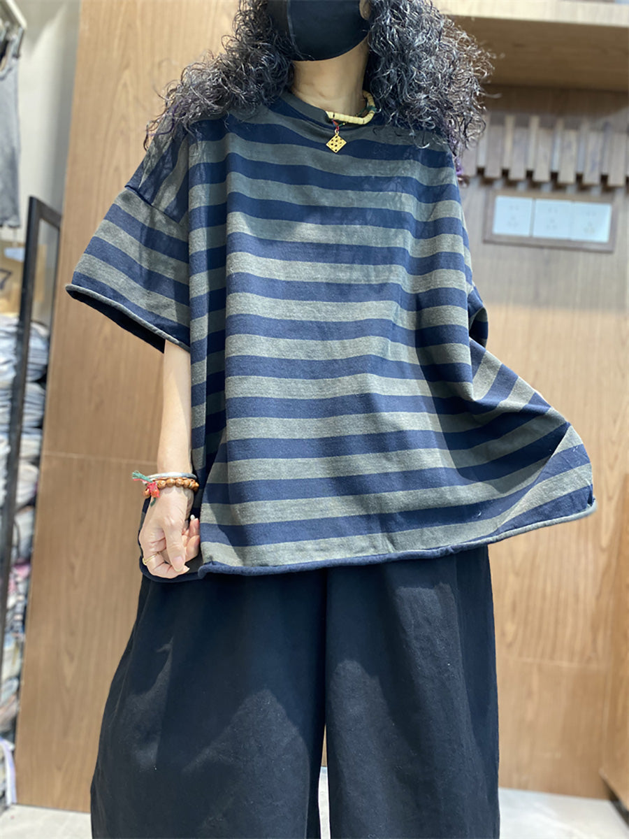 Summer Plus Shirt size O-Neck Colorblock Stripe Women