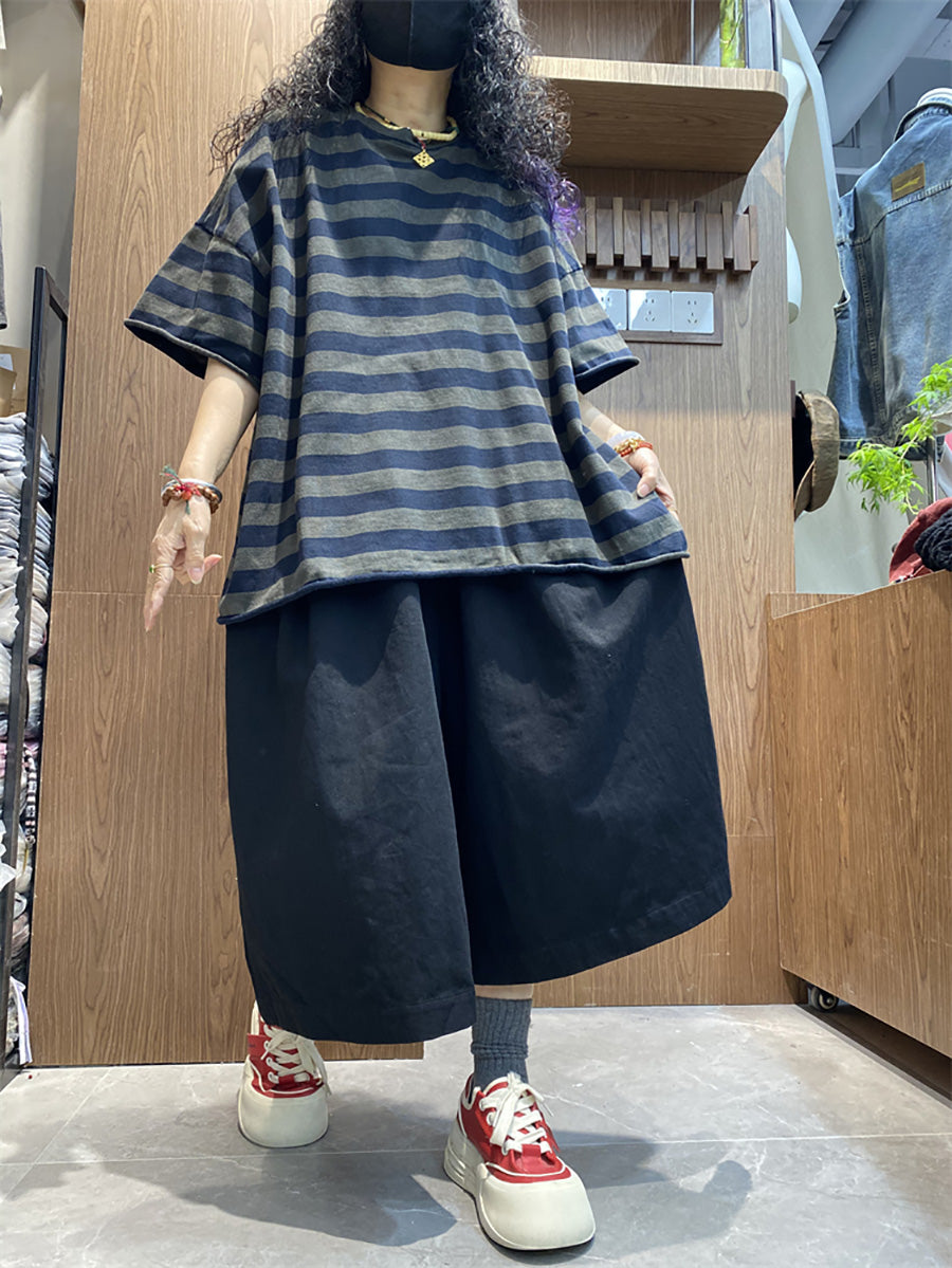 Summer Plus Shirt size O-Neck Colorblock Stripe Women