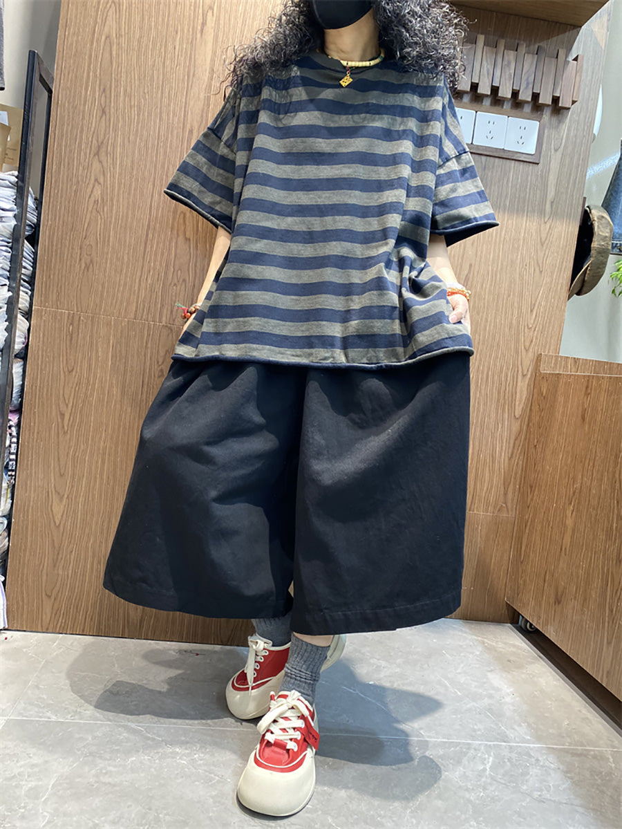 Summer Plus Shirt size O-Neck Colorblock Stripe Women