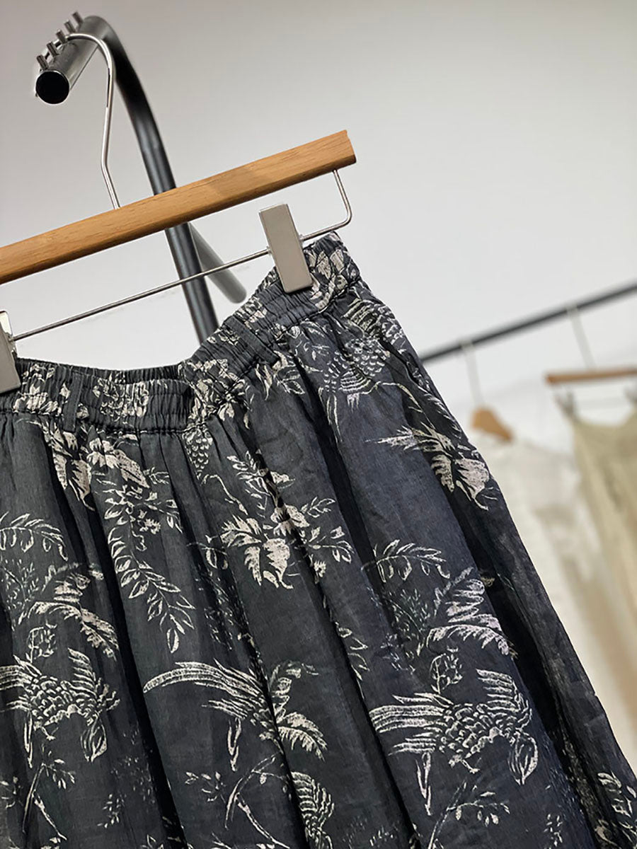 Women Flower Ramie Spring Pants Vinage Wide-leg