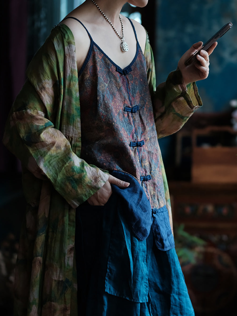 Floral Vest Summer V-Neck Spliced Women Vintage 100%Cotton