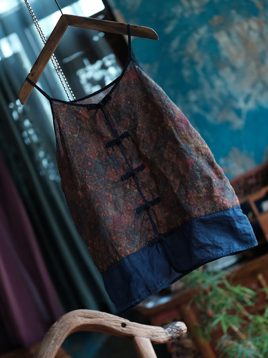 Floral Vest Summer V-Neck Spliced Women Vintage 100%Cotton