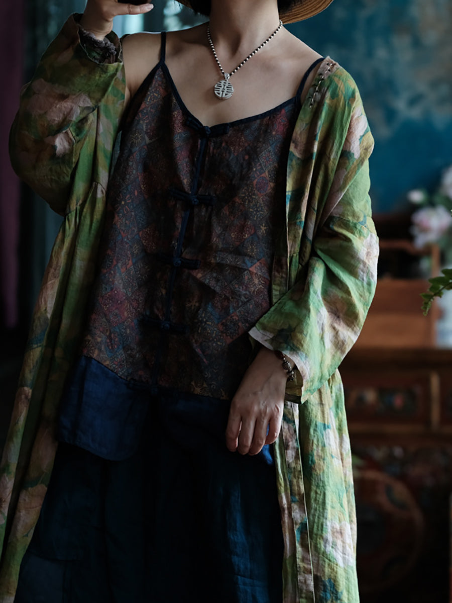 Floral Vest Summer V-Neck Spliced Women Vintage 100%Cotton