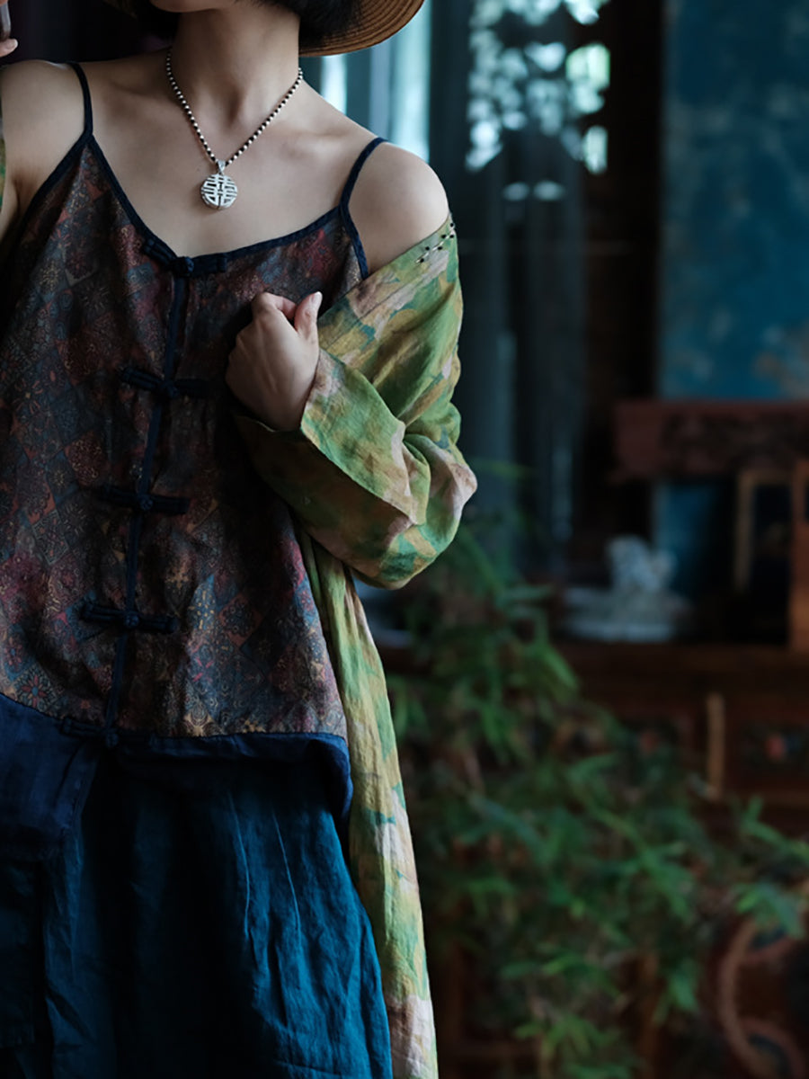 Floral Vest Summer V-Neck Spliced Women Vintage 100%Cotton