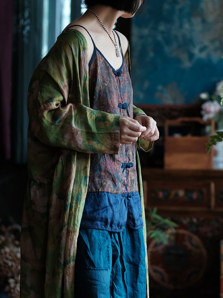 Floral Vest Summer V-Neck Spliced Women Vintage 100%Cotton