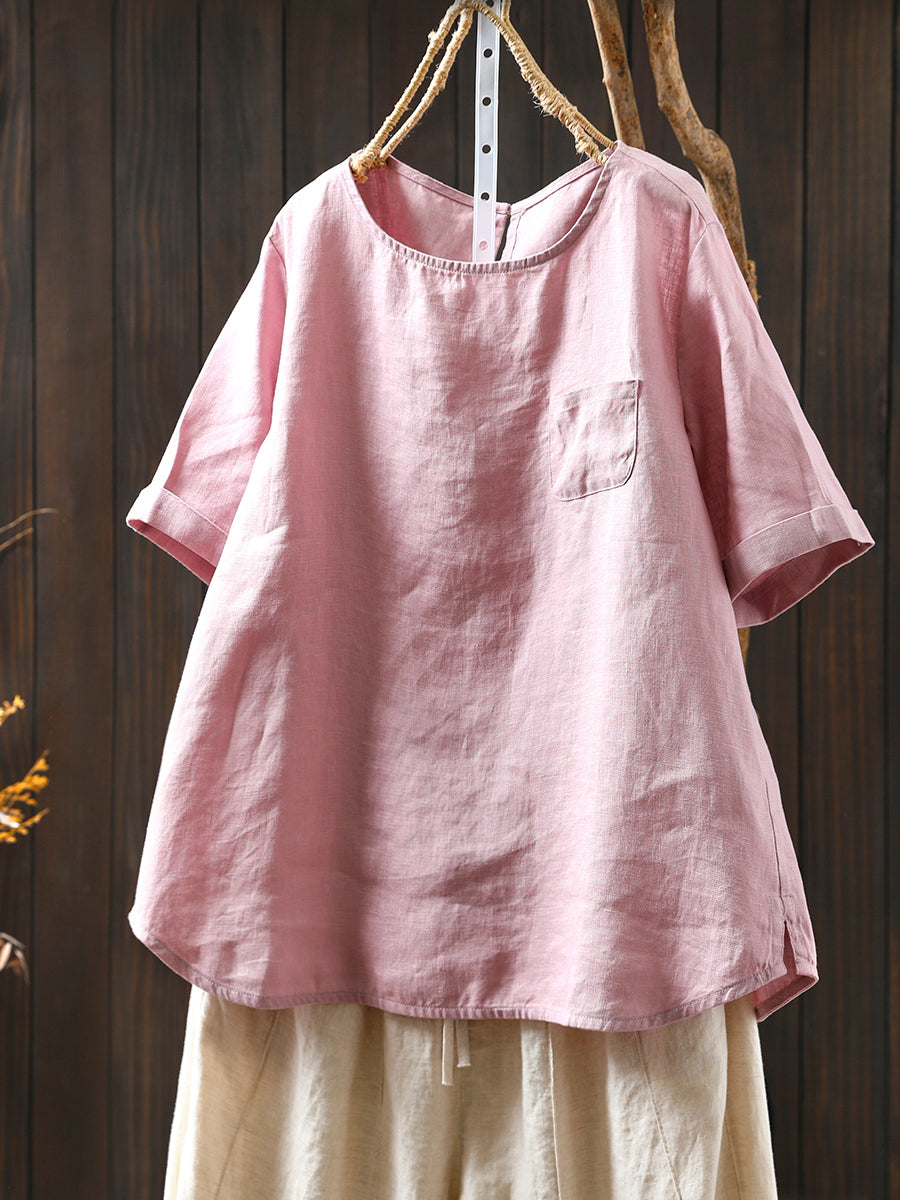 Women Color O-Neck 100%Linen Summer Shirt Pure