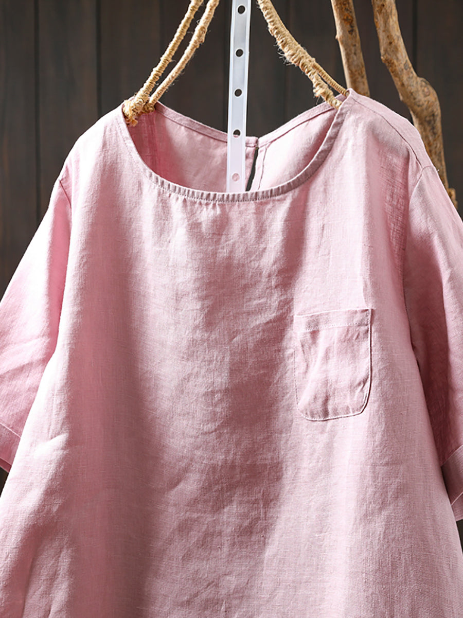 Women Color O-Neck 100%Linen Summer Shirt Pure