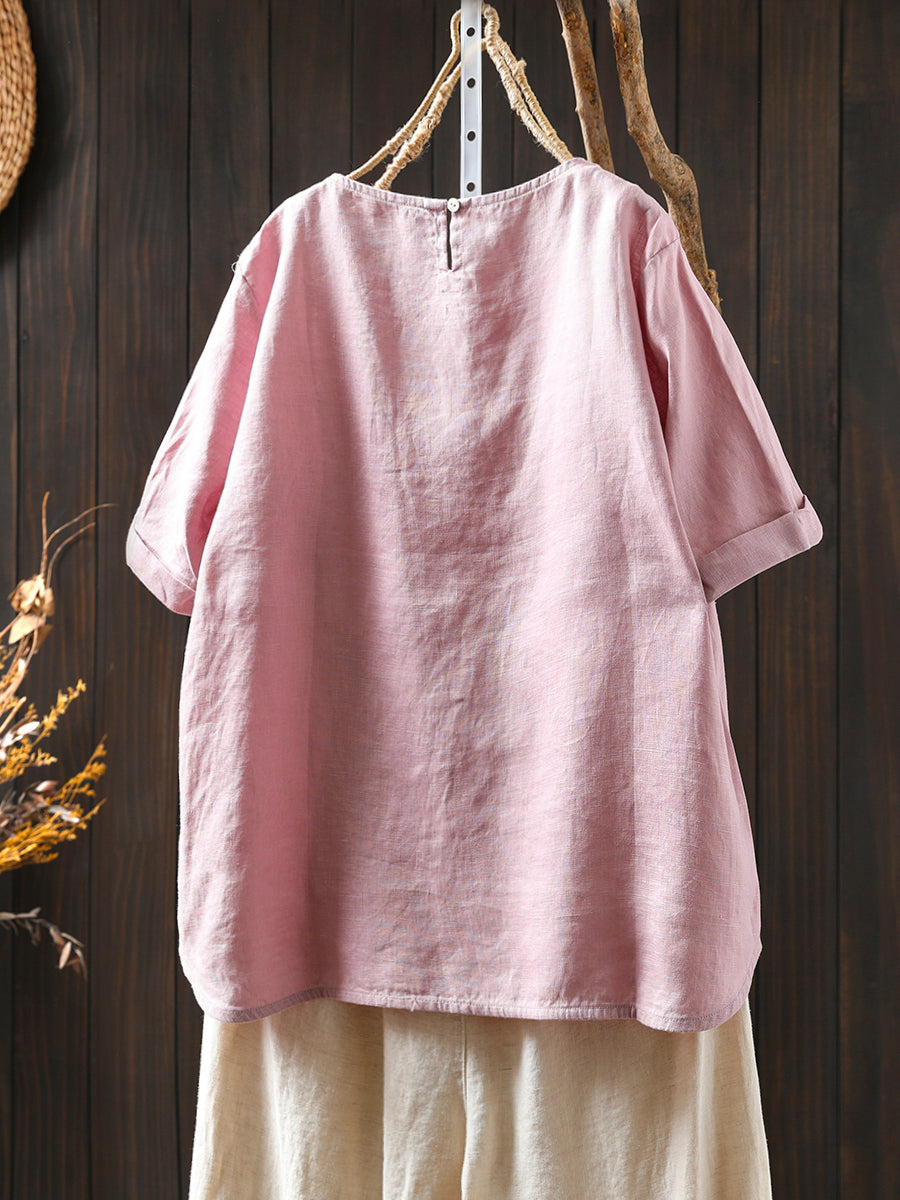 Women Color O-Neck 100%Linen Summer Shirt Pure
