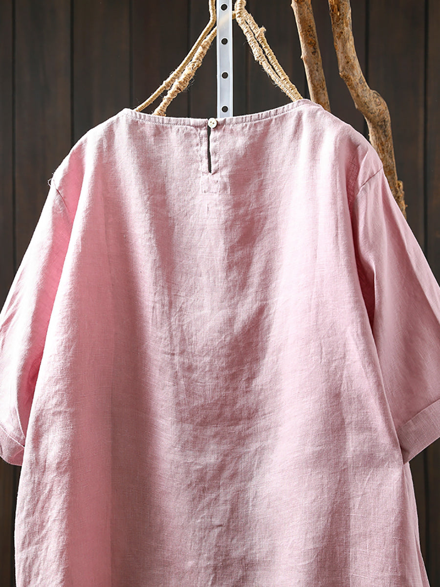 Women Color O-Neck 100%Linen Summer Shirt Pure