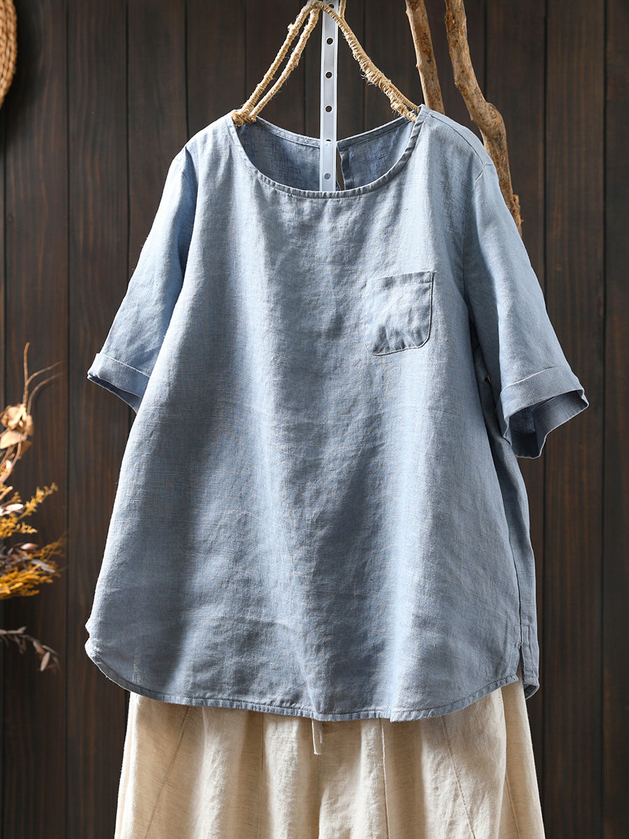 Women Color O-Neck 100%Linen Summer Shirt Pure
