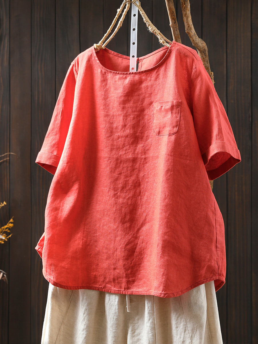 Women Color O-Neck 100%Linen Summer Shirt Pure