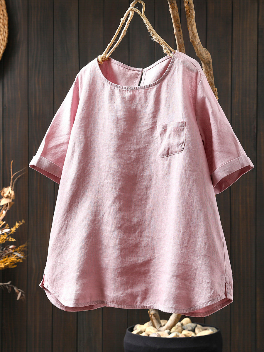 Women Color O-Neck 100%Linen Summer Shirt Pure