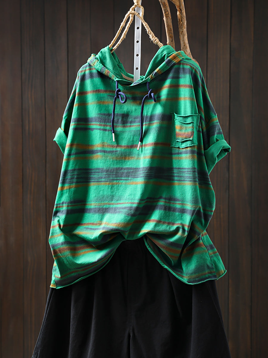 Women Retro Cotton Summer Hooded Stripe Shirt
