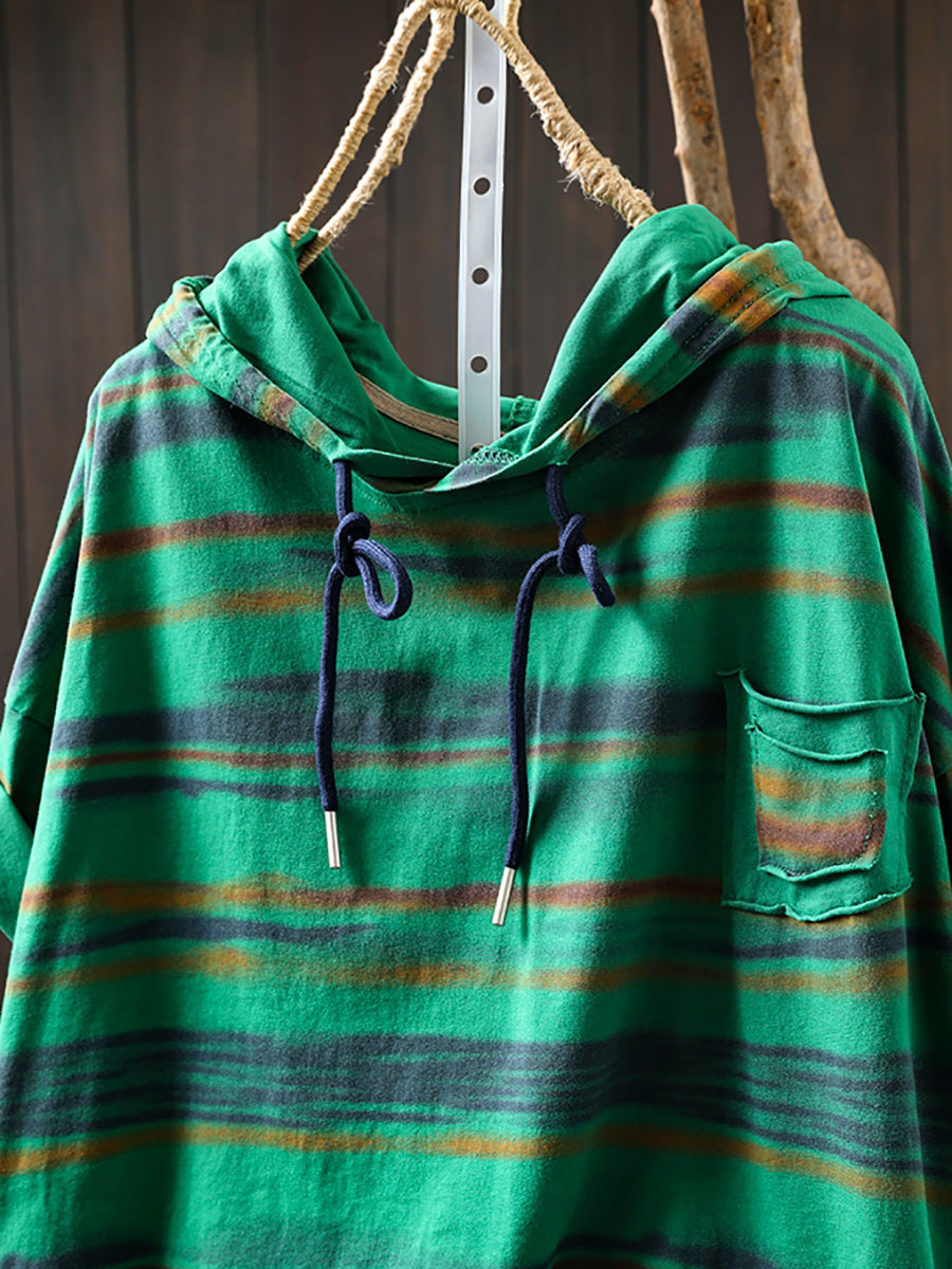 Women Retro Cotton Summer Hooded Stripe Shirt