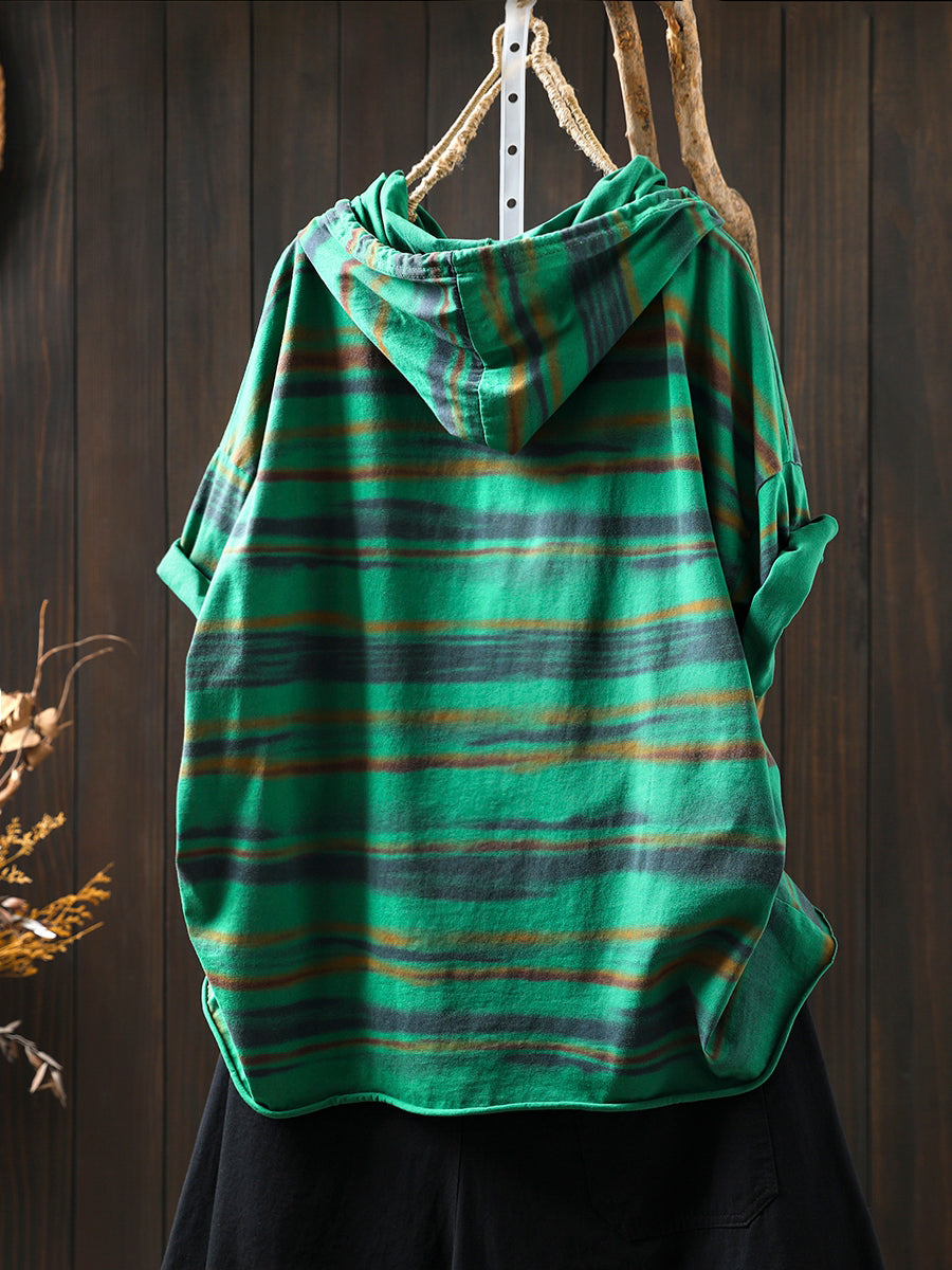 Women Retro Cotton Summer Hooded Stripe Shirt