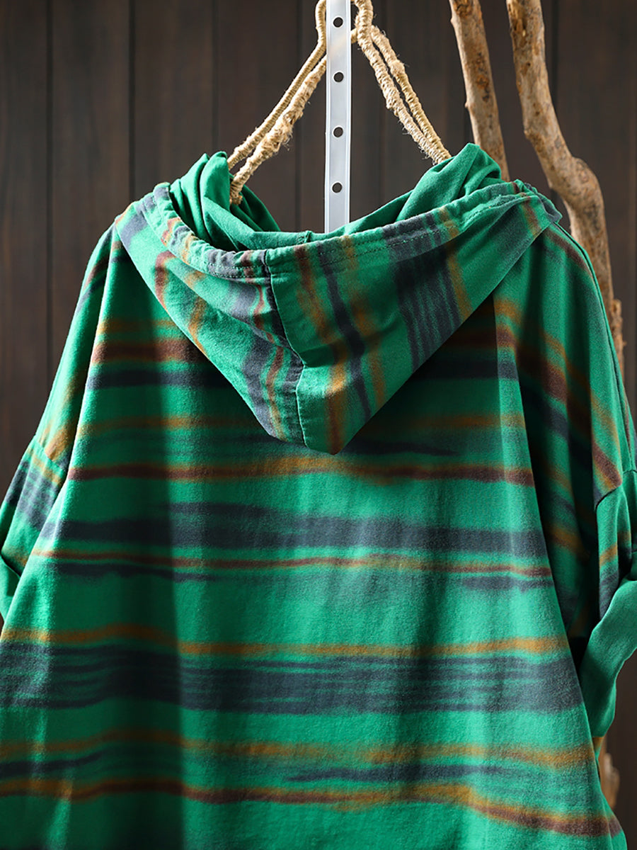 Women Retro Cotton Summer Hooded Stripe Shirt