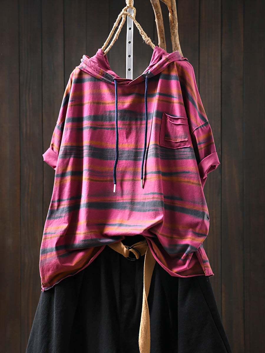 Women Retro Cotton Summer Hooded Stripe Shirt