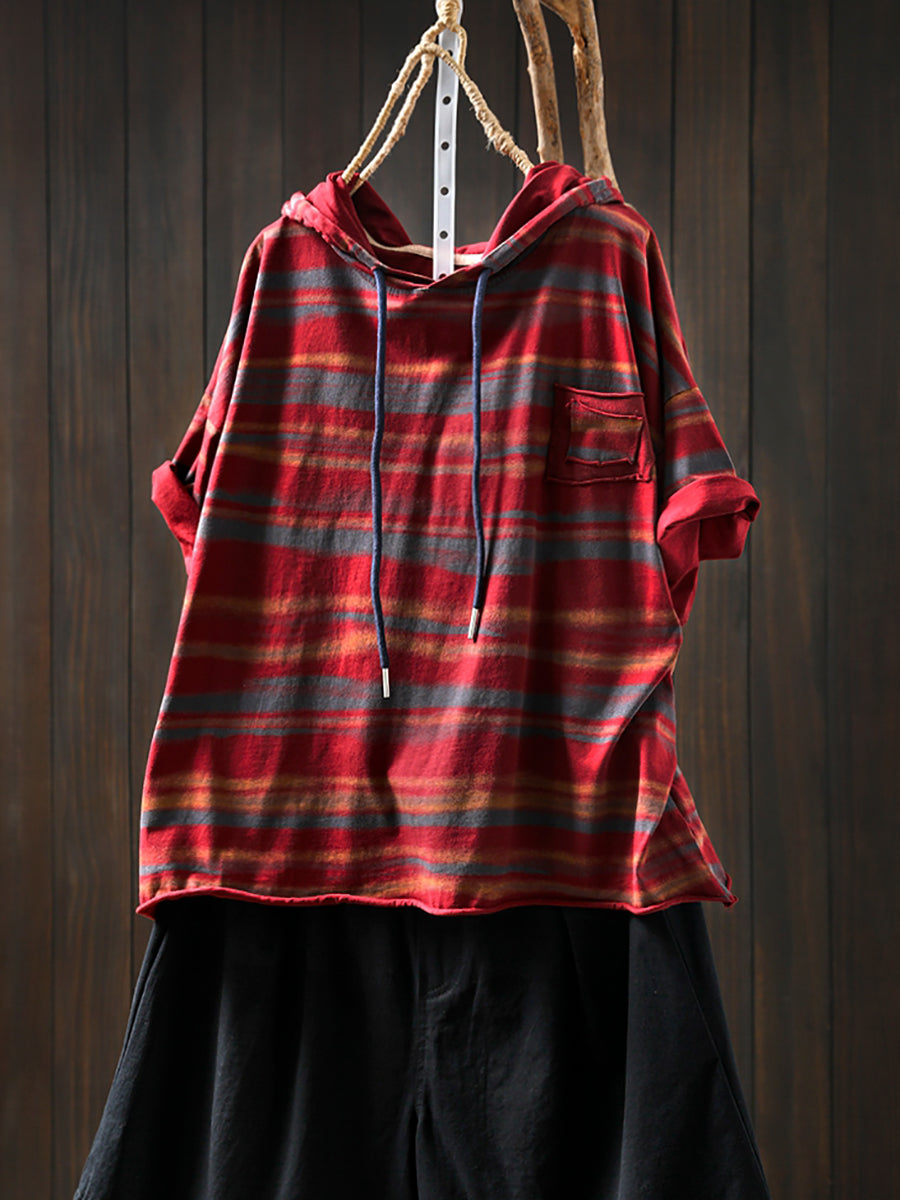 Women Retro Cotton Summer Hooded Stripe Shirt