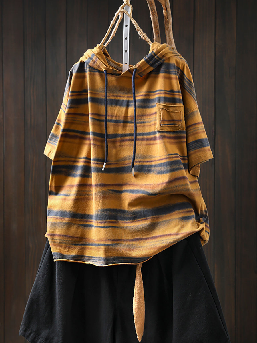 Women Retro Cotton Summer Hooded Stripe Shirt