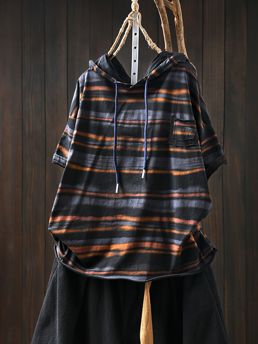 Women Retro Cotton Summer Hooded Stripe Shirt