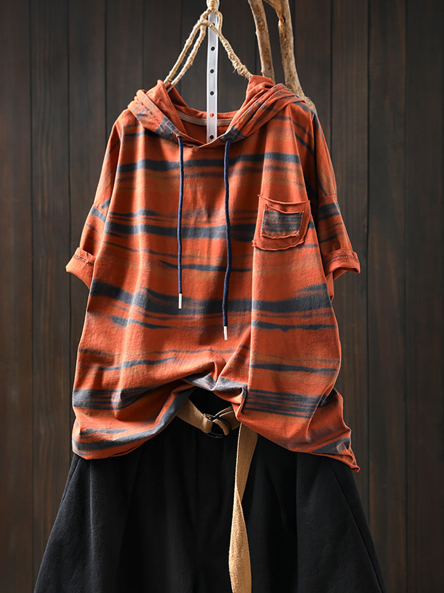 Women Retro Cotton Summer Hooded Stripe Shirt