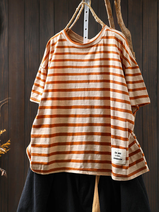 O-Neck Colorblock Stripe Casual Women Summer Cotton Shirt