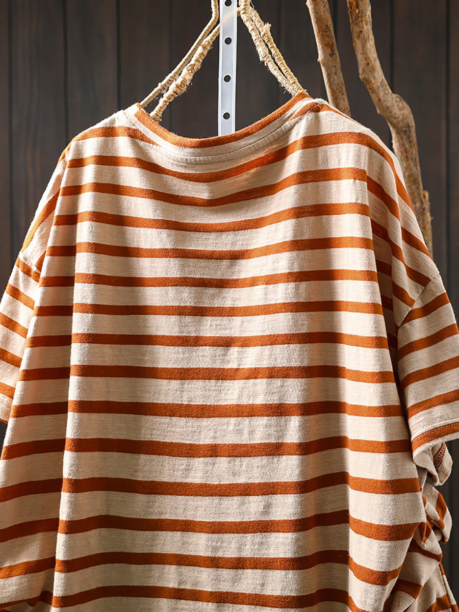 O-Neck Colorblock Stripe Casual Women Summer Cotton Shirt